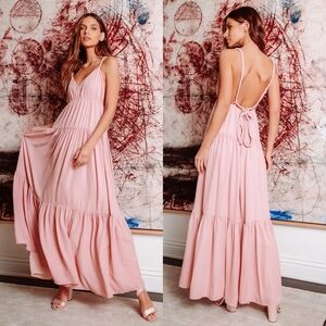 Lulus Pink Tiered Maxi Dress Sleeveless Open Back Long Plunge Pastel Small Boho